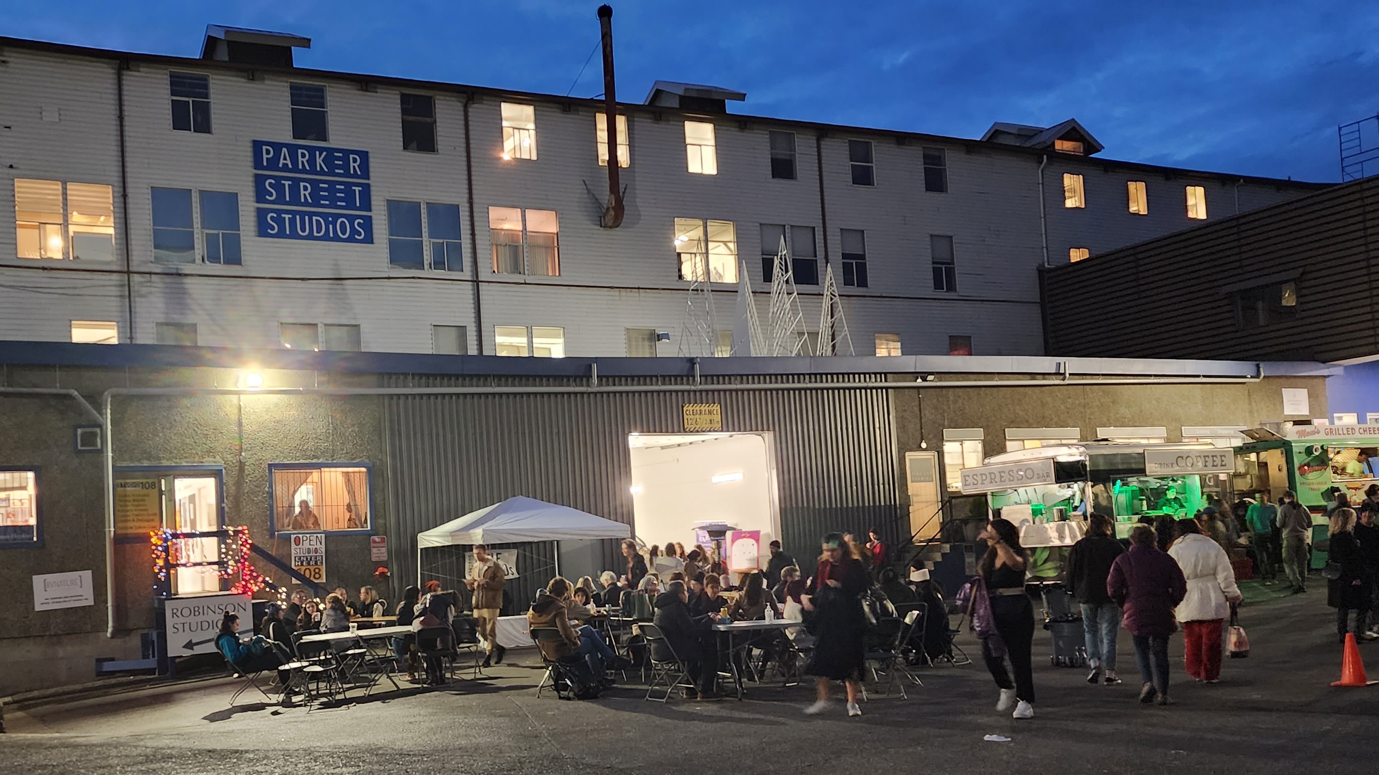 Parker Street Studio parking lot with food trucks during Culture Crawl 2023