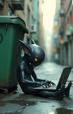 Alien robot with laptop sitting next to a dumpster (deleting unwanted comments)