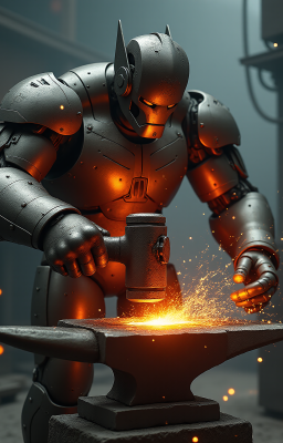 Robot blacksmith forging on an anvil