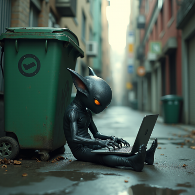 Alien robot with laptop sitting next to a dumpster (deleting unwanted comments)