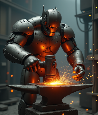 Robot blacksmith forging on an anvil